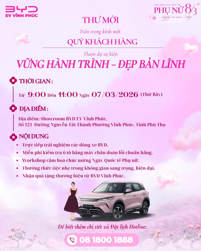 Thư Mời Sự Kiện 8/3 Tại BYD EV Vĩnh Phúc – “Vững Hành Trình, Đẹp Bản Lĩnh” 07/03/2026